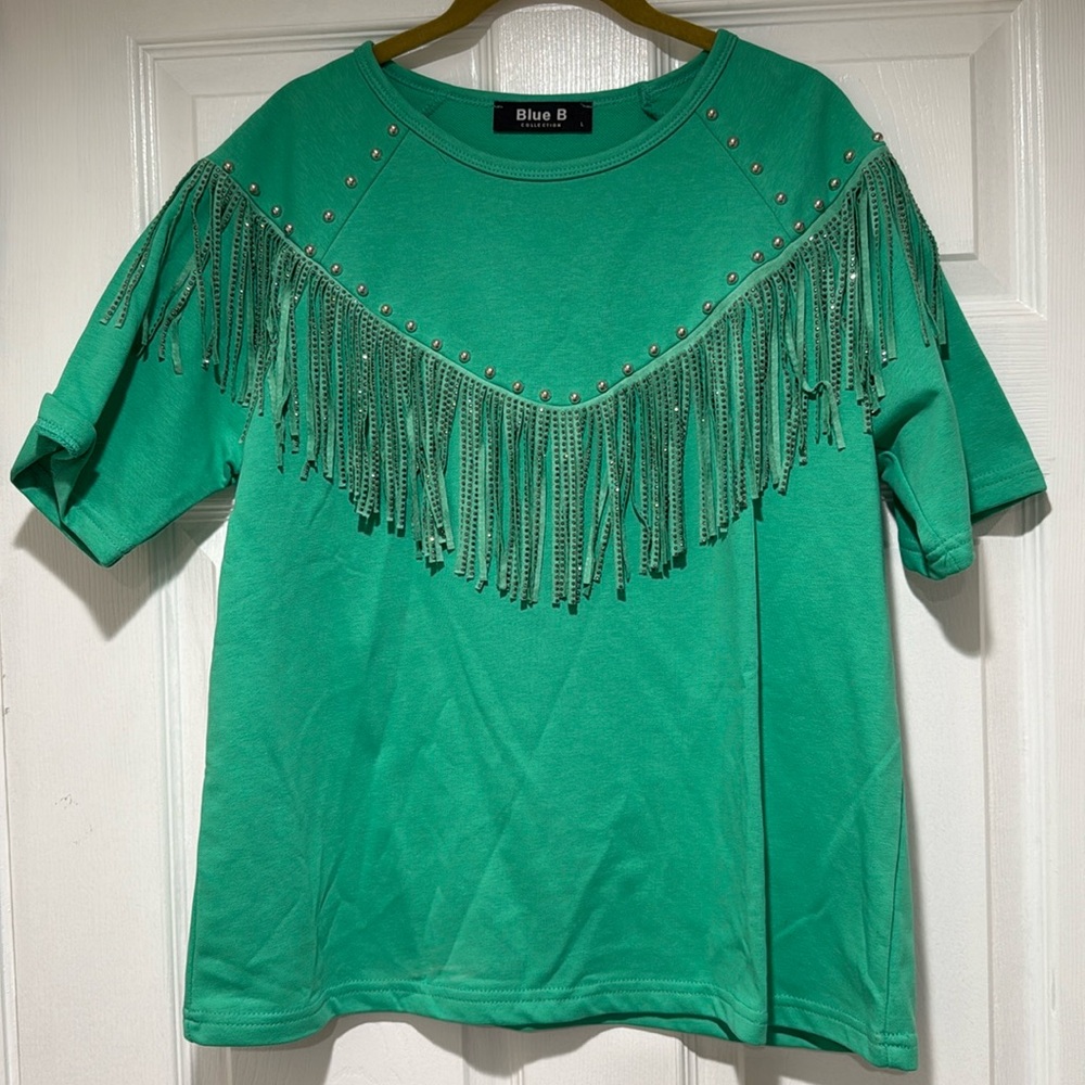NWOT Blue B Fringe Studded Tee Large Green